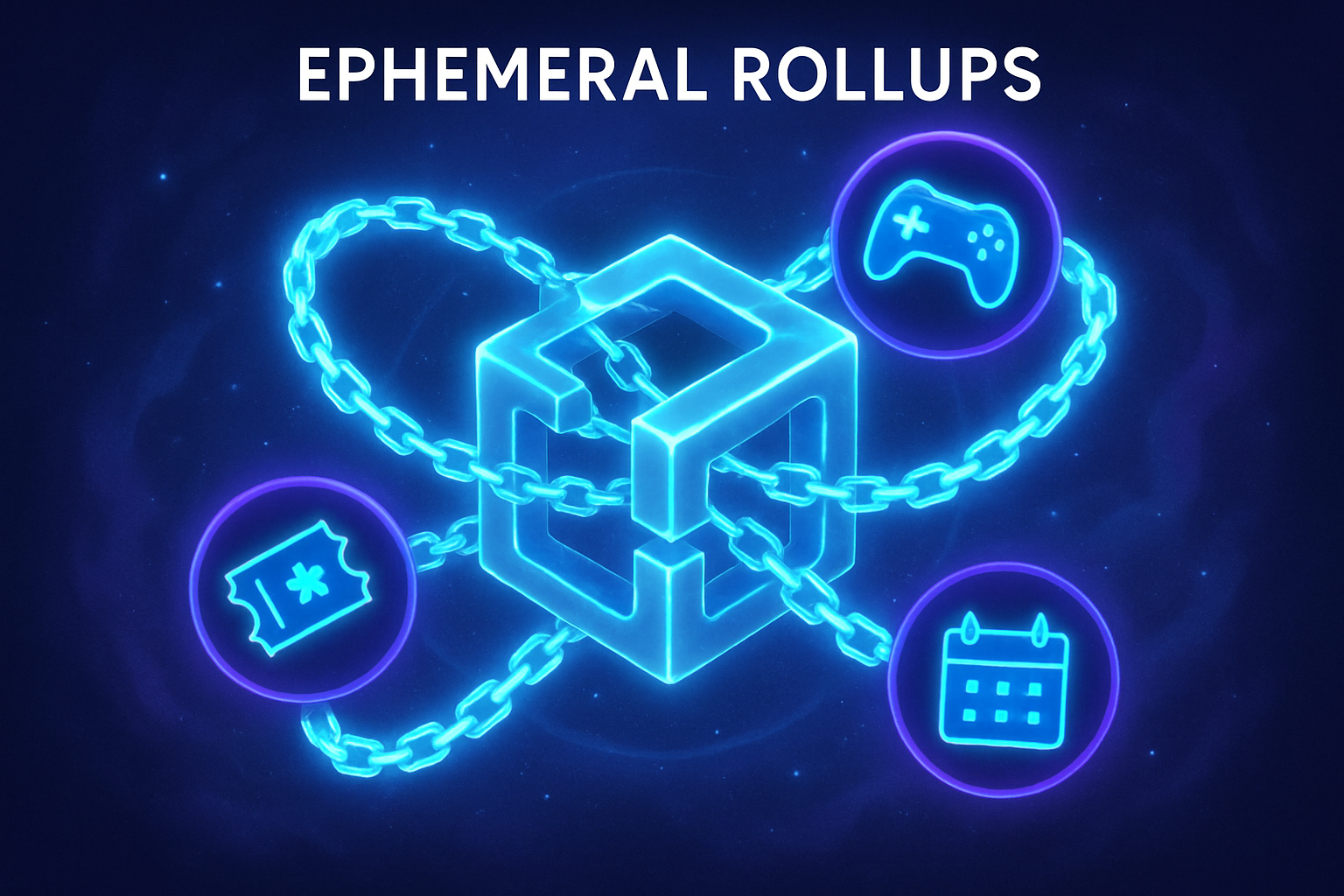 Illustration of ephemeral rollups as glowing, temporary chains orbiting a main blockchain with gaming and event icons, representing Solana scalability for Web3 gaming and events