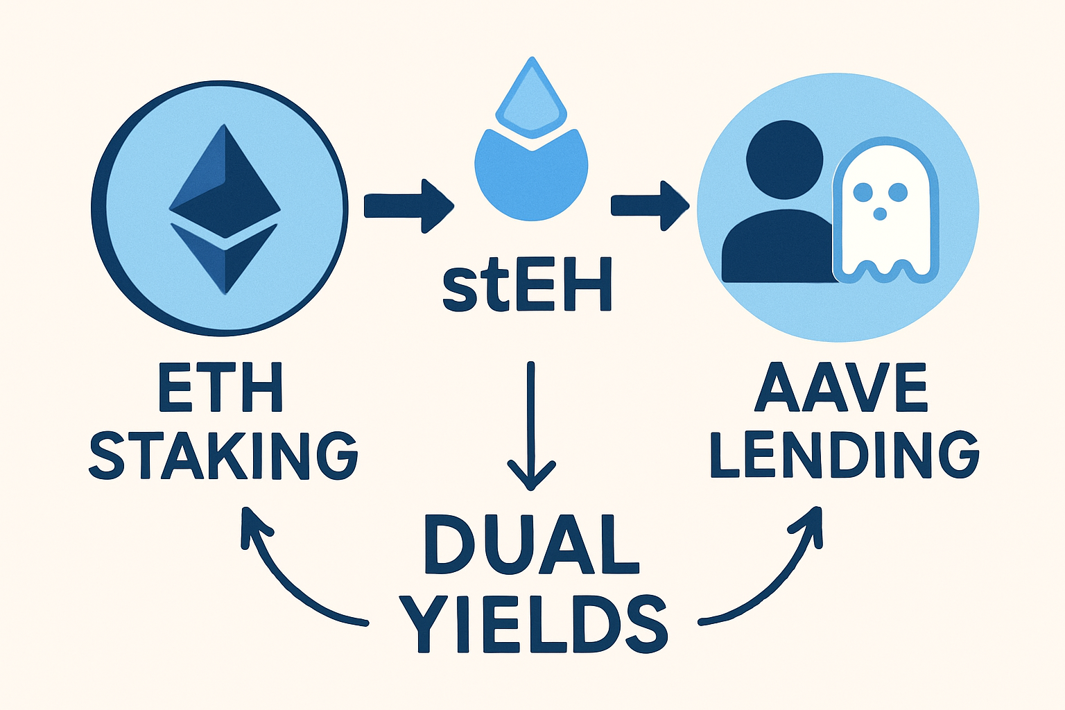 DeFi illustration of ETH flowing from staking to Lido stETH then Aave lending for dual yields, showcasing capital efficiency with Liquid Staking Tokens LSTs