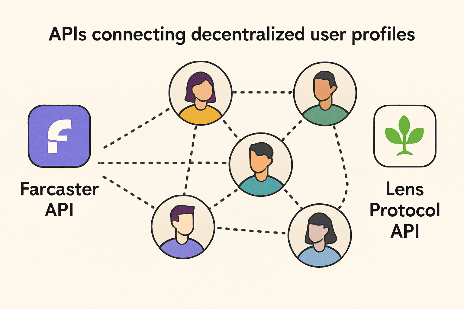 Illustration of Farcaster and Lens Protocol APIs connecting decentralized user profiles in a web3 social network