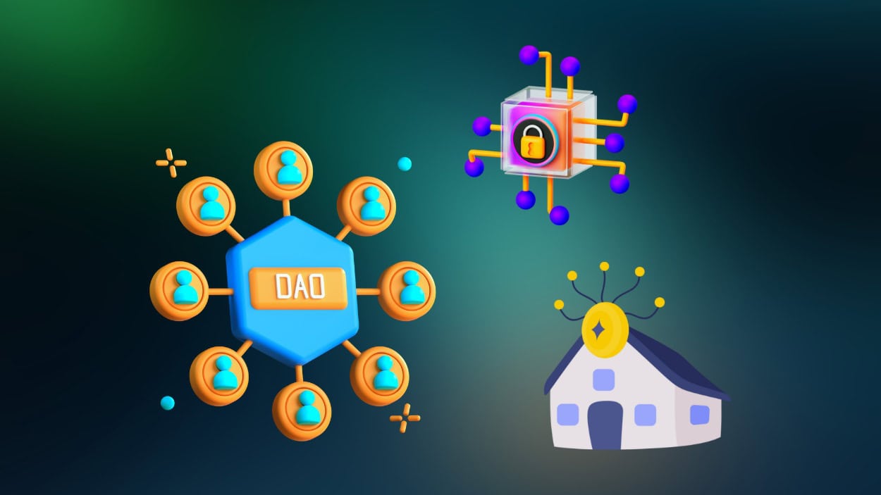 Illustration of governance NFT badges granting voting power in Uniswap, MakerDAO, and ENS DAOs, showcasing decentralized voting mechanisms