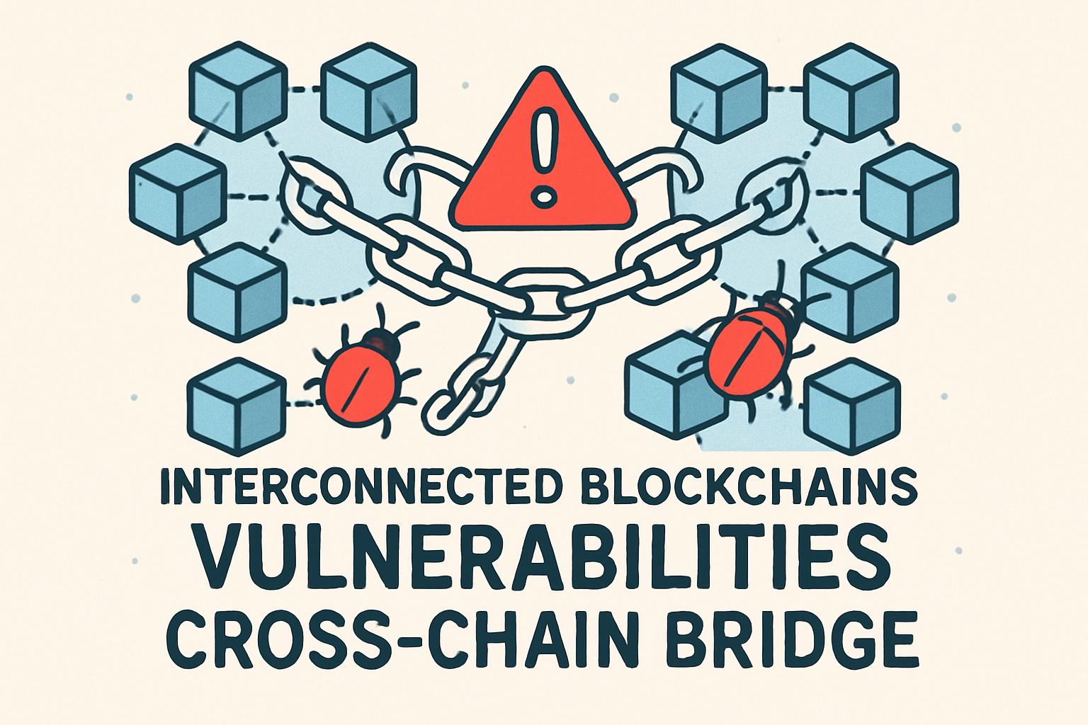 Illustration of interconnected blockchains highlighting vulnerabilities in cross-chain messaging protocols and bridge security risks