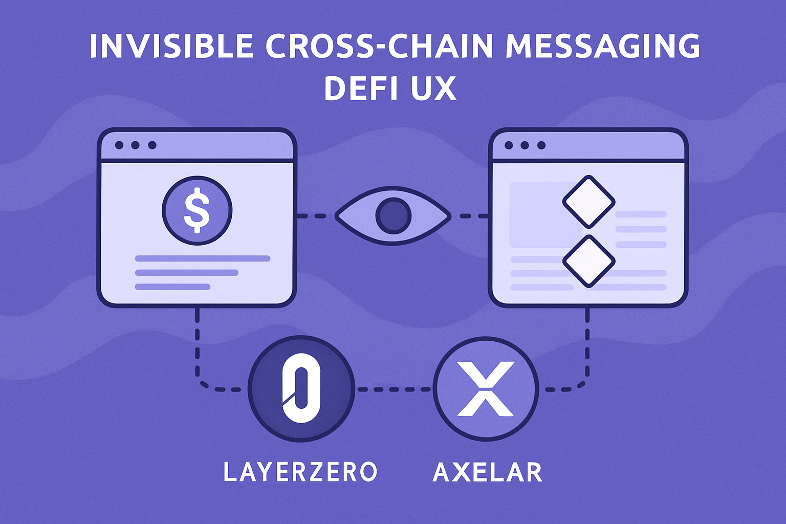 Illustration of invisible cross-chain messaging using LayerZero and Axelar for seamless DeFi interactions, highlighting automated onboarding, unified wallets, and embedded fiat onramps.