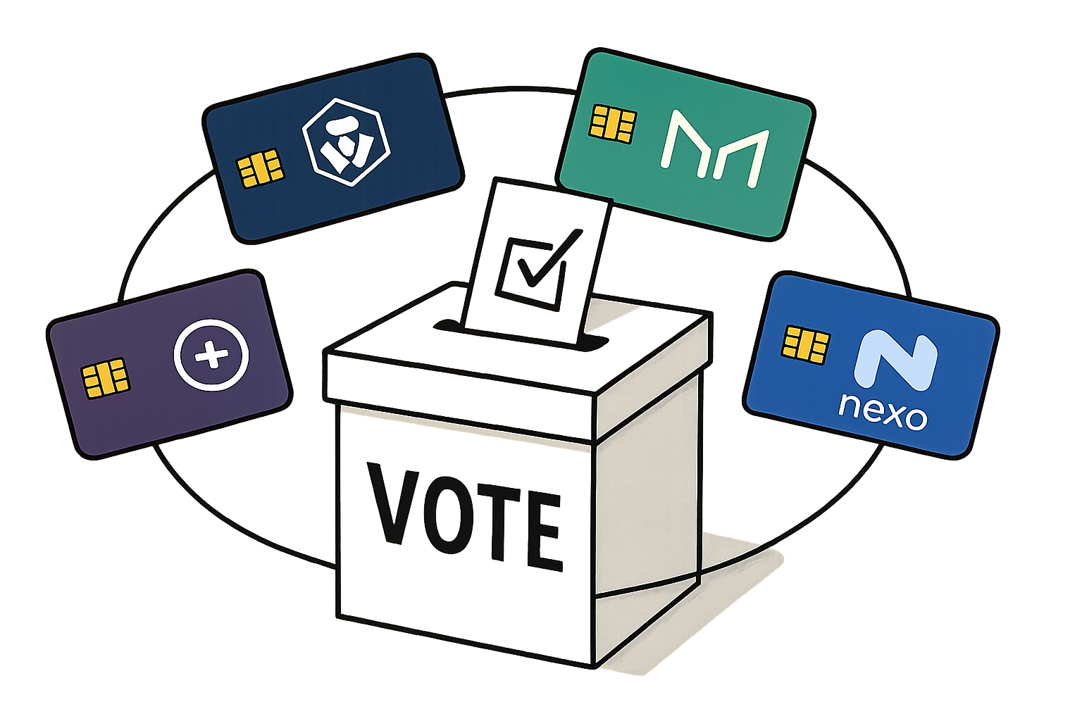 Illustration of multiple crypto credit cards featuring CRO, MKR, NEXO, and PLU logos orbiting a voting ballot box, representing governance token rewards in DeFi.