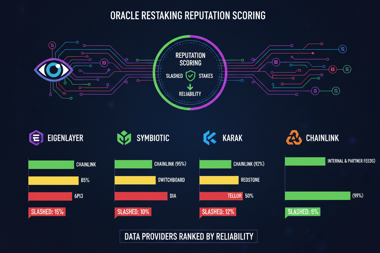 Illustration of reputation scoring in oracle restaking networks ranking data providers like EigenLayer, Chainlink Staking, Symbiotic, Karak Network by reliability with slashed stakes visualization for DeFi yields and security 2026