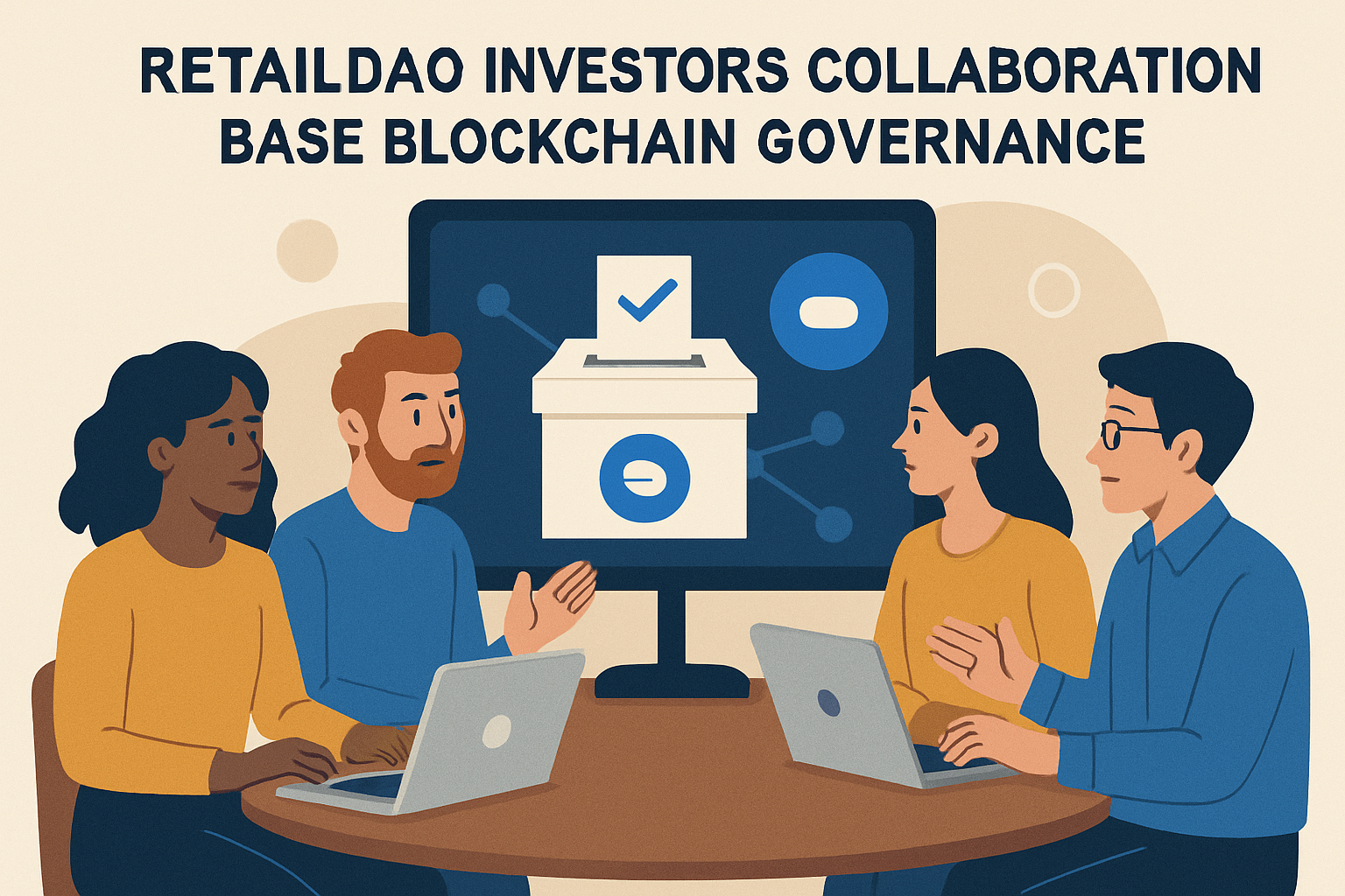 Illustration of retail investors collaborating on the Base blockchain, representing collective on-chain governance in RetailDAO.