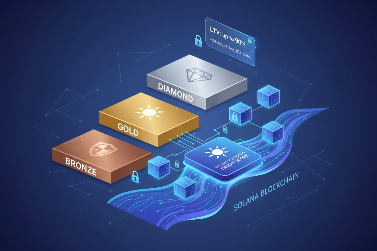 Conceptual illustration of Solana blockchain with on-chain credit score tiers like Diamond and Bronze ratings alongside LTV ratios for under-collateralized DeFi loans