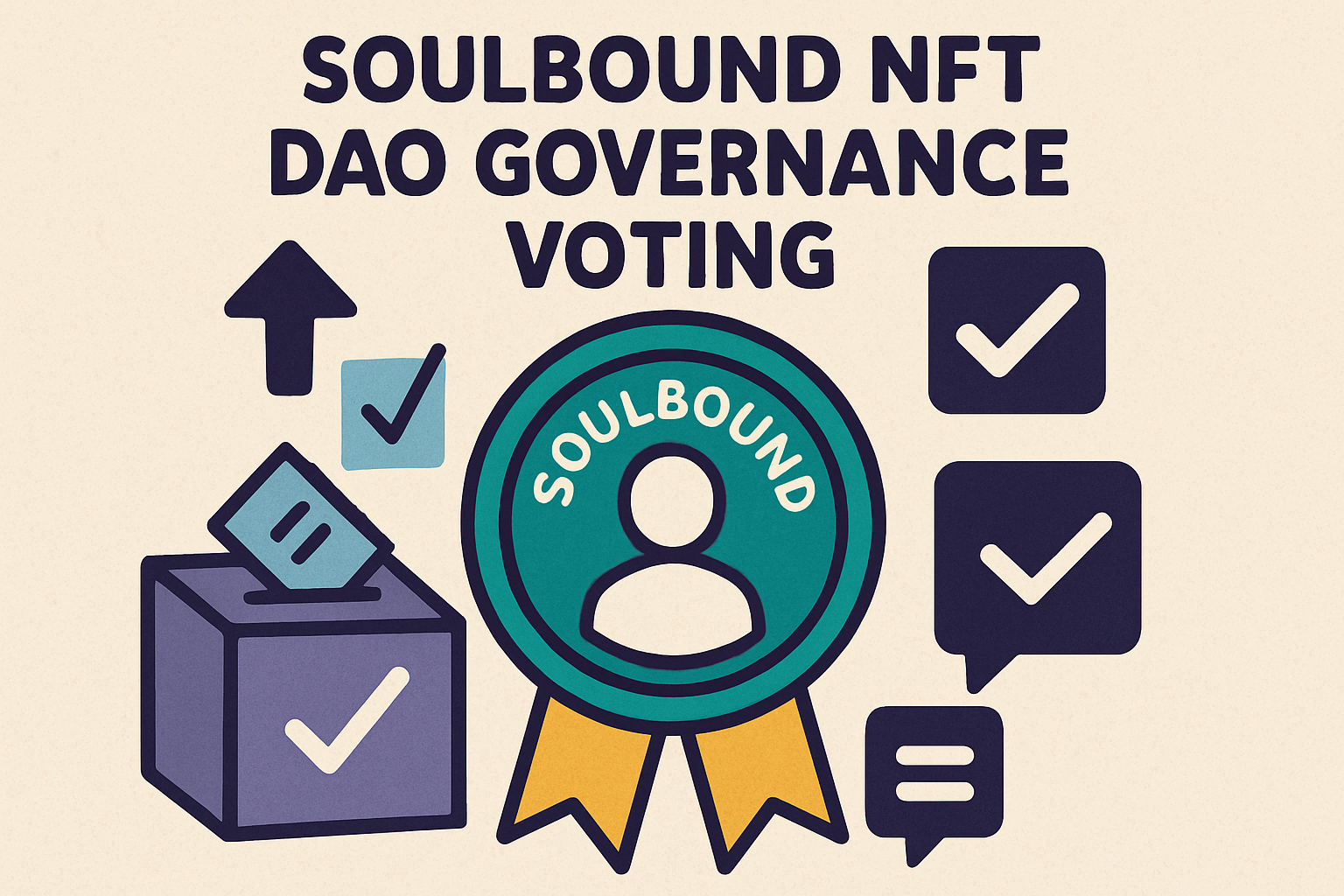 Illustration of soulbound NFT badges unlocking DAO voting power and displaying contributor status in decentralized governance