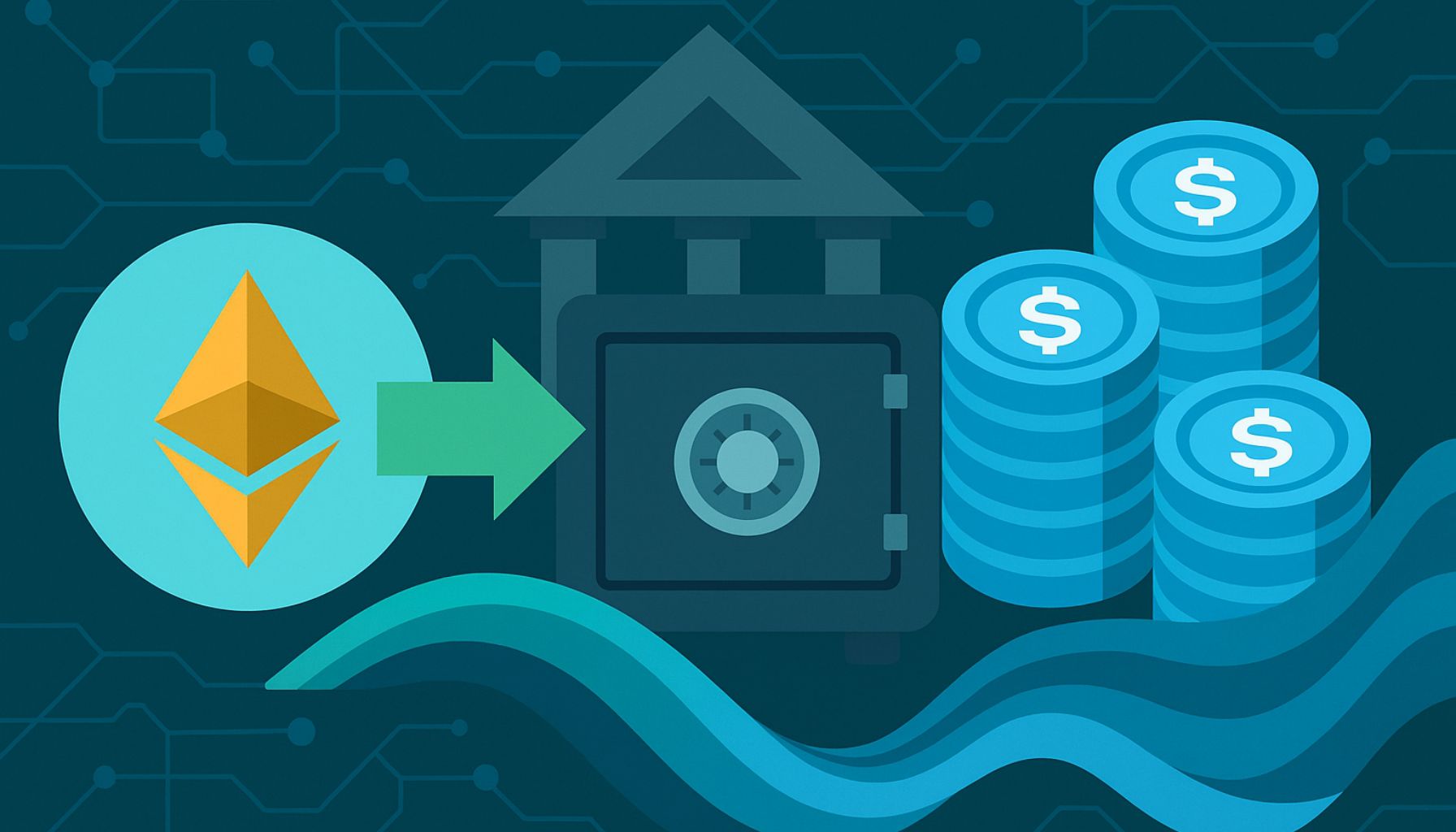 Illustration of stablecoin vaults ensuring stability and yield in volatile DeFi markets, featuring digital safes, stablecoin symbols, and calm amid fluctuating crypto assets.