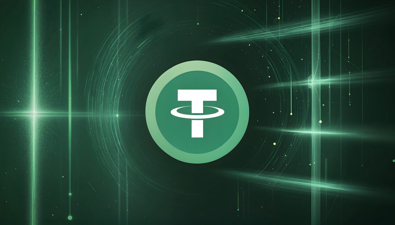 Illustration of Tether (USDT) tokens moving across multiple blockchain networks with compliance and KYC checks symbolized by shields or checkmarks.