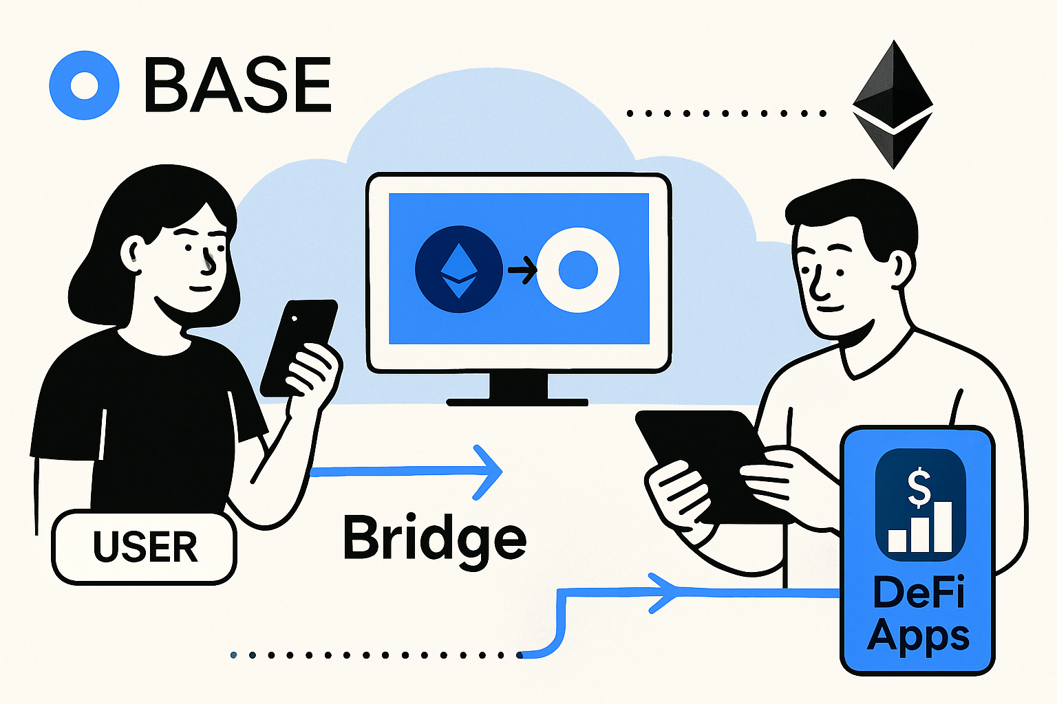 Users bridging assets and interacting with DeFi apps on the Base network illustration