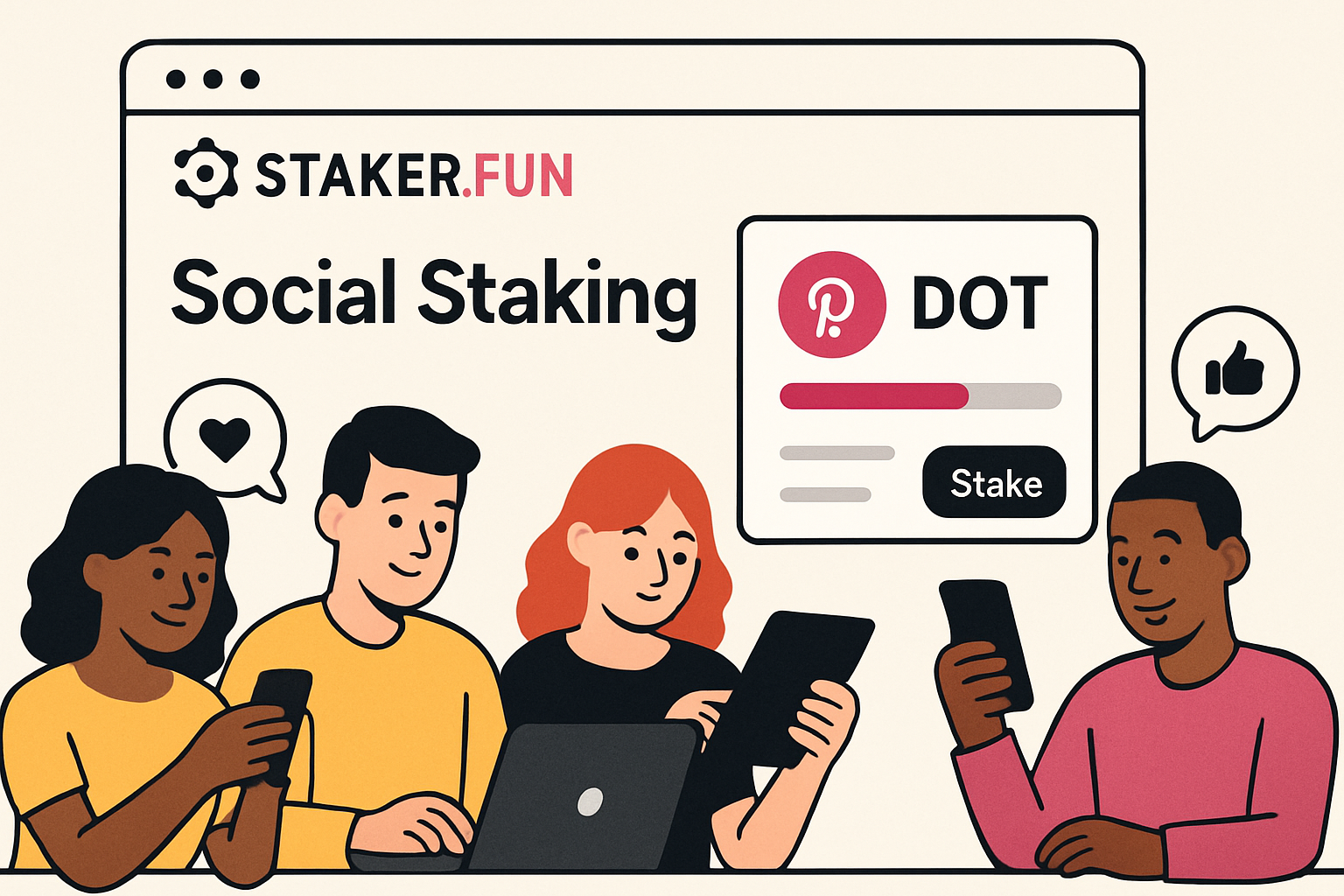 Users interacting with StakerDotFun social staking platform interface, showcasing DeFi engagement and community features