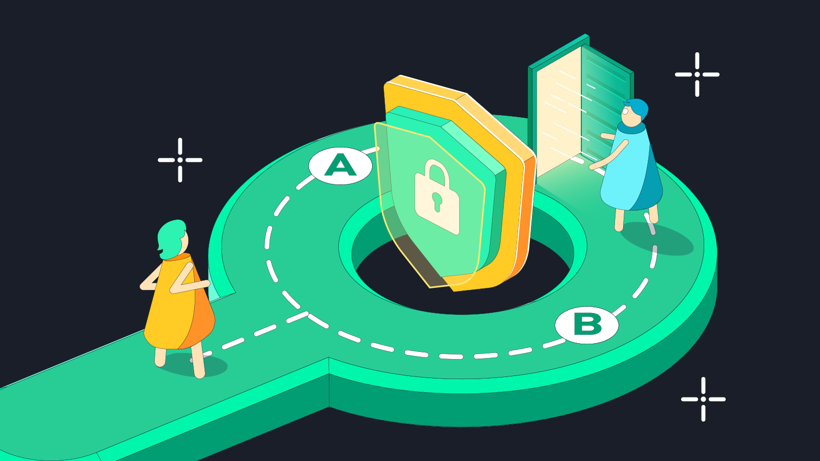 Illustration of zero-knowledge proof technology enhancing privacy in decentralized digital identity wallets, featuring cryptographic shields and secure digital credentials.