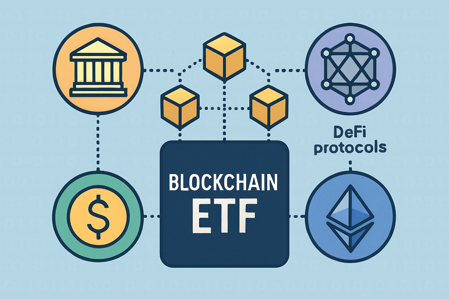 Illustration of a blockchain ETF bridging traditional finance and DeFi protocols, symbolizing the connection between conventional financial institutions and decentralized blockchain networks.