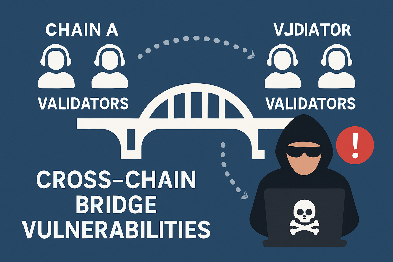 Illustration of a cross-chain blockchain bridge with decentralized validators and a hacker exploiting vulnerabilities, representing security risks in crypto bridges 2025