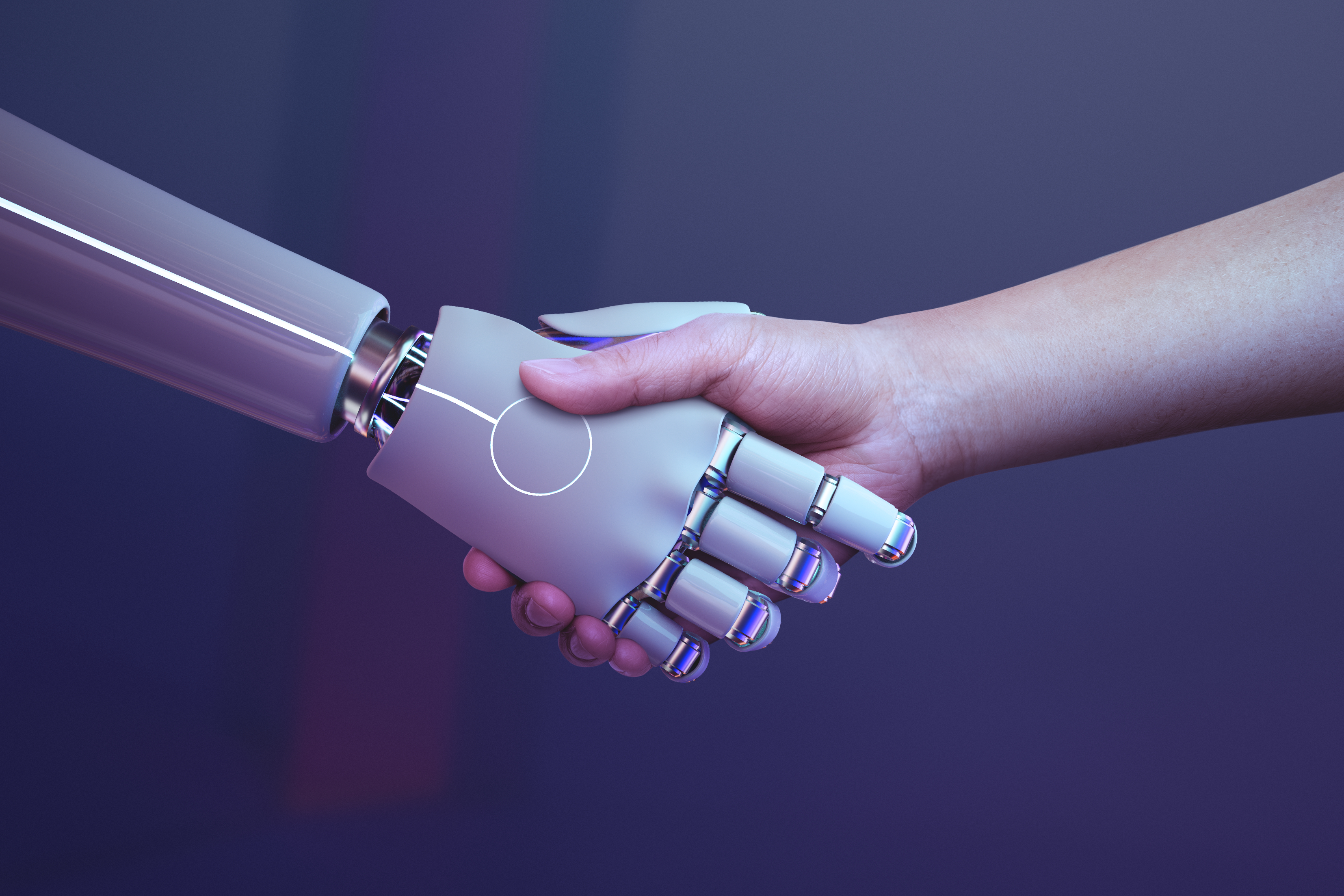 Digital handshake between AI robot and human with encrypted data streams in the background, illustrating zero-knowledge proofs enabling verifiable AI outputs without revealing data.