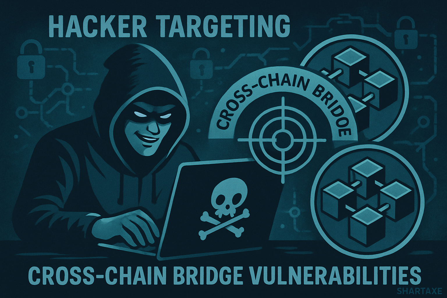 Illustration of a hacker targeting a cross-chain bridge with highlighted vulnerabilities, representing tools like SmartAxe and best practices for blockchain security.