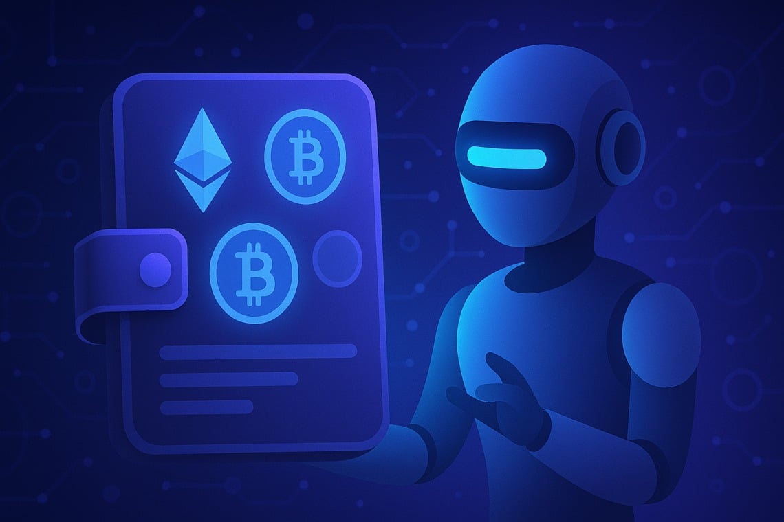 Illustration of an AI-powered hacker using advanced phishing tactics to target a crypto wallet user in 2025, highlighting essential onboarding security steps like verifying URLs, enabling MFA, using hardware wallets, updating passwords, and recognizing scam tactics.