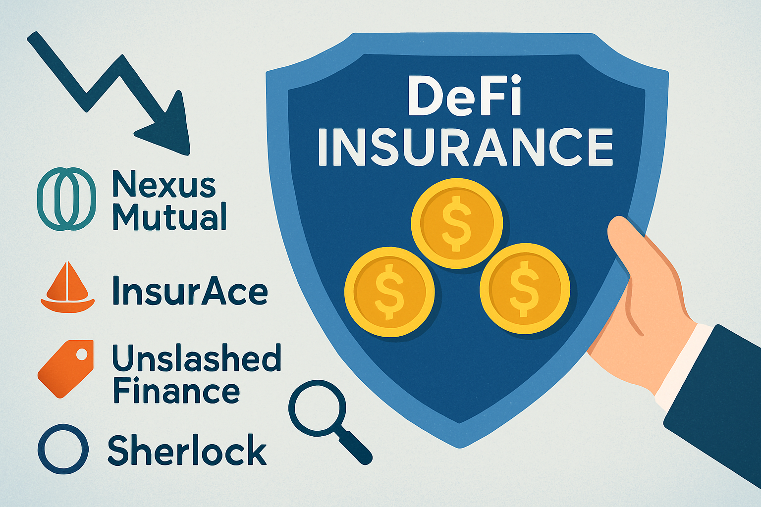 Illustration of a shield protecting stablecoin tokens like USDC and DAI from volatility, featuring DeFi insurance protocols Nexus Mutual, InsurAce, Unslashed Finance, and Sherlock.