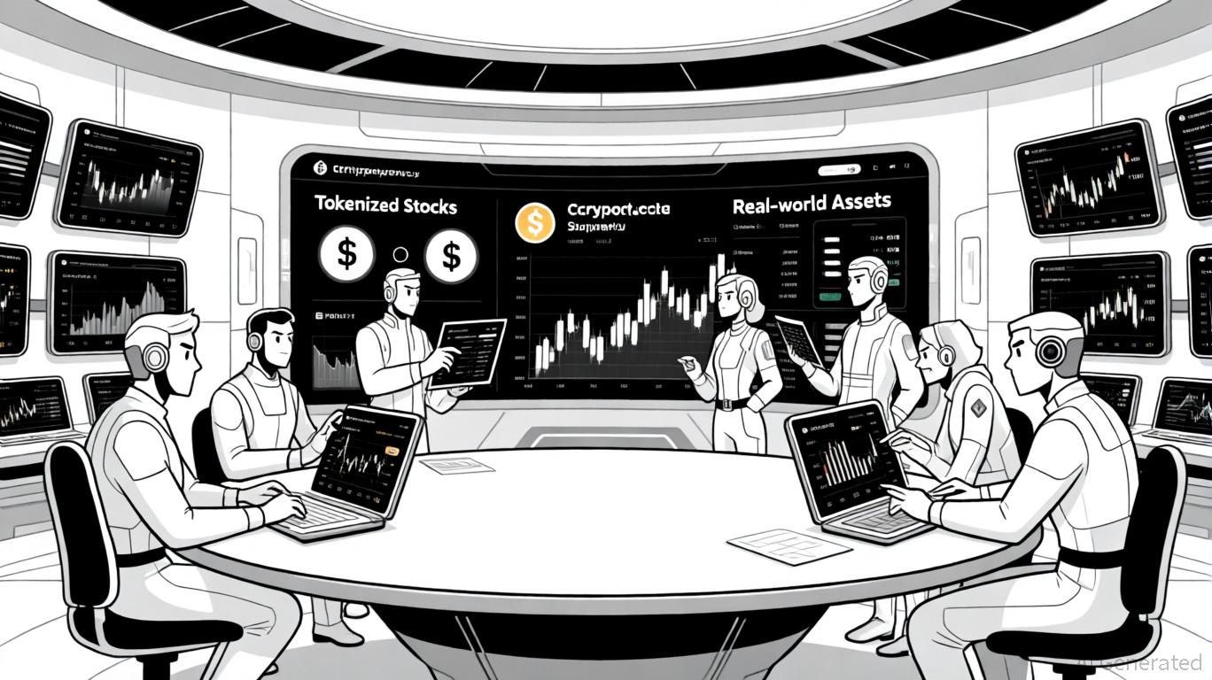Illustration of a crypto trader using multiple decentralized exchange interfaces to trade synthetic Apple and Tesla stock futures, highlighting DeFi trading platforms and digital asset management.