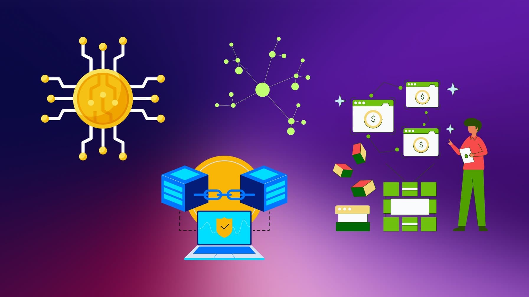 Illustration of a user holding a digital identity wallet connecting multiple blockchains, representing chain-agnostic self-sovereign identity in Web3 onboarding for 2025