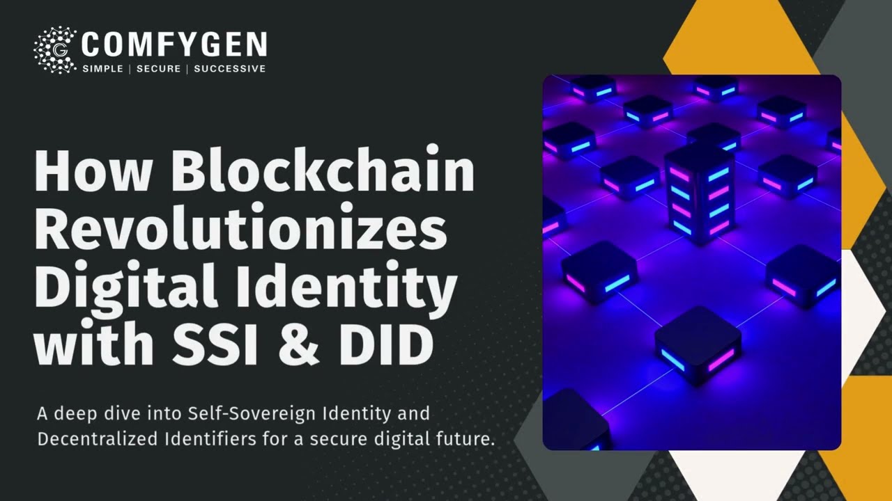 User holding a digital passport wallet app on their smartphone with blockchain nodes and icons for Hyperledger Indy, W3C DID standard, and secure key management in the background