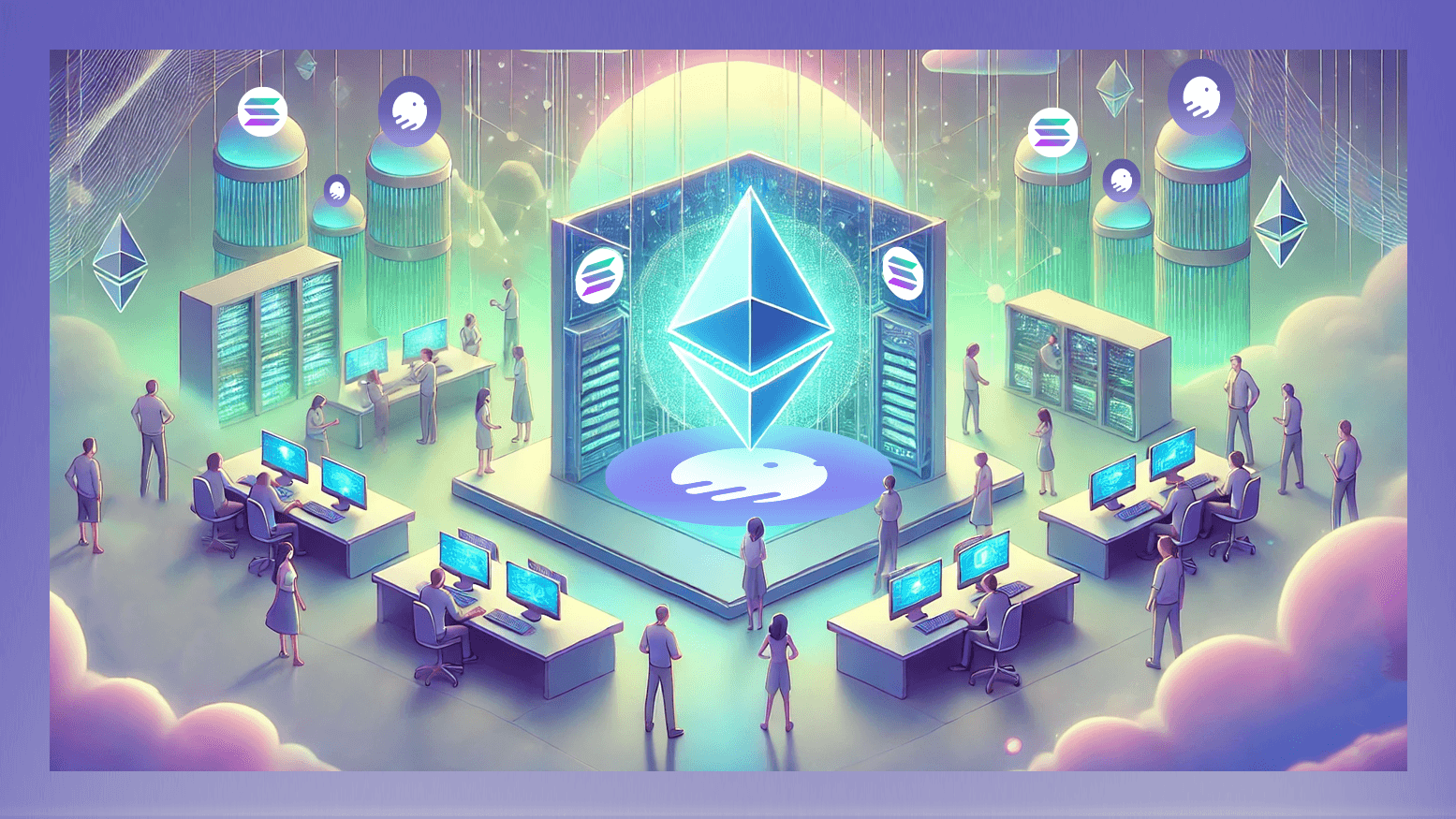 Illustration of a user managing crypto assets from multiple blockchains within a unified DeFi wallet interface, showcasing seamless cross-chain asset management.