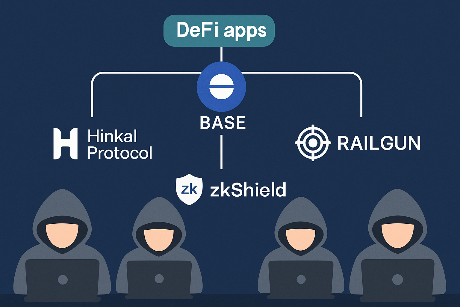 Anonymous users interacting with Hinkal Protocol, Railgun, and zkShield DeFi apps on Base blockchain, illustrating privacy and security features for retail users.