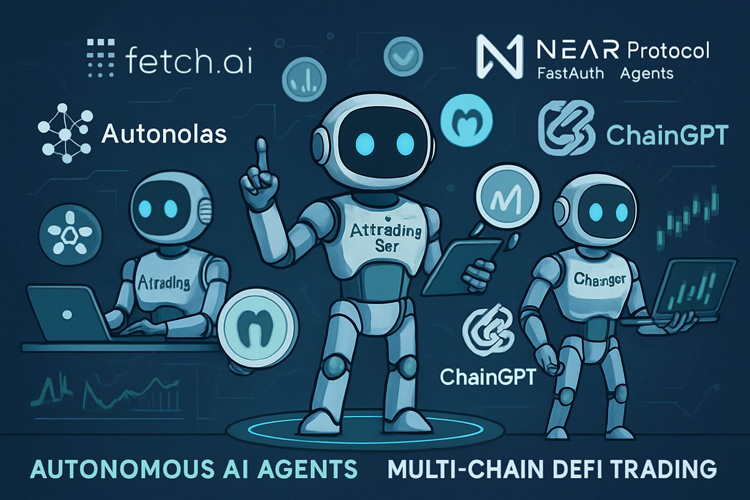 Illustration of autonomous AI agents from Autonolas, Fetch.ai, Moralis Money AI, NEAR Protocol FastAuth Agents, and ChainGPT AI Trading Bot executing trades across multiple blockchains in DeFi 2024