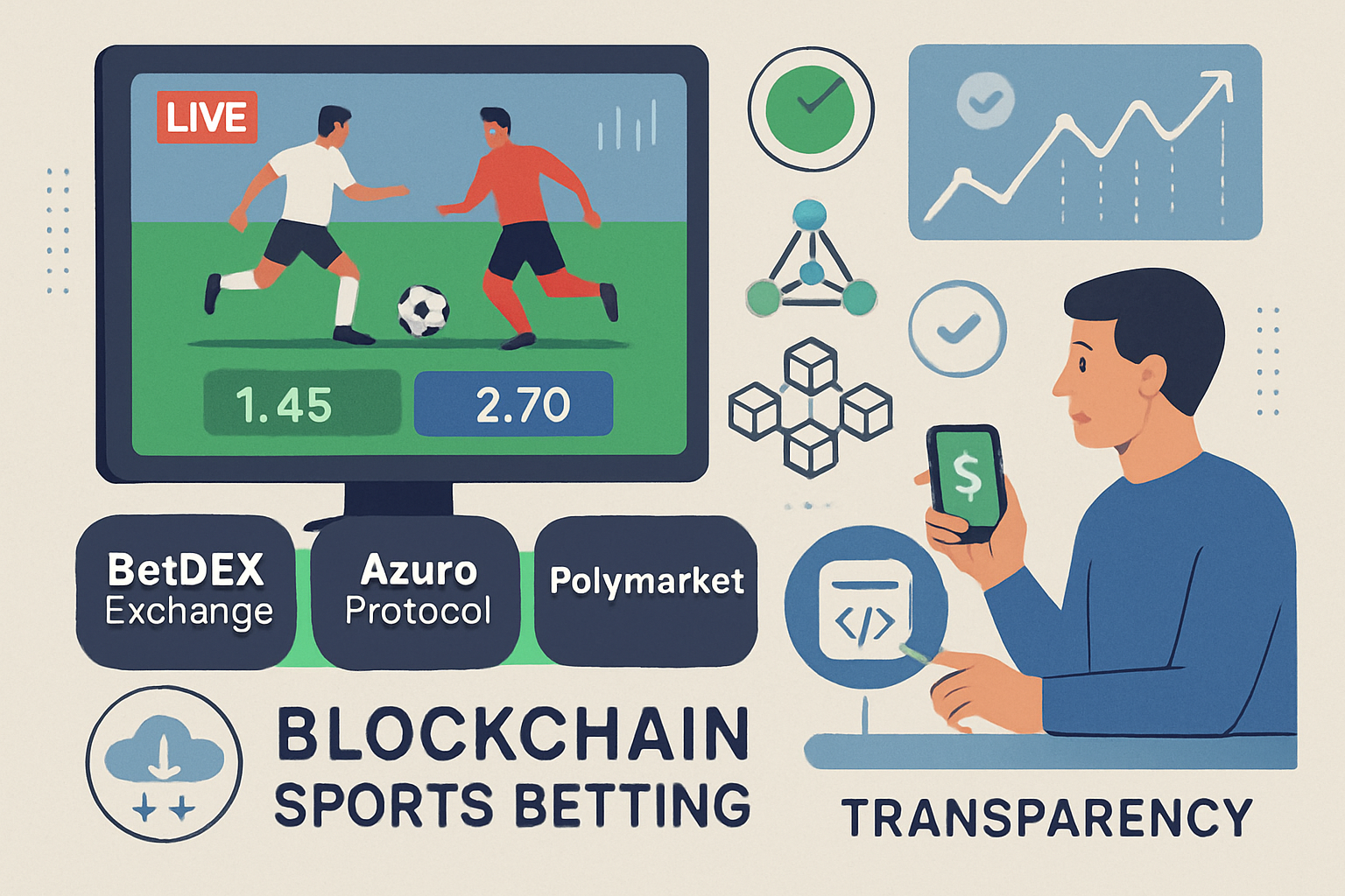 Illustration of blockchain-powered sports betting platforms BetDEX Exchange, Azuro Protocol, and Polymarket with real-time data feeds and transparent smart contracts.