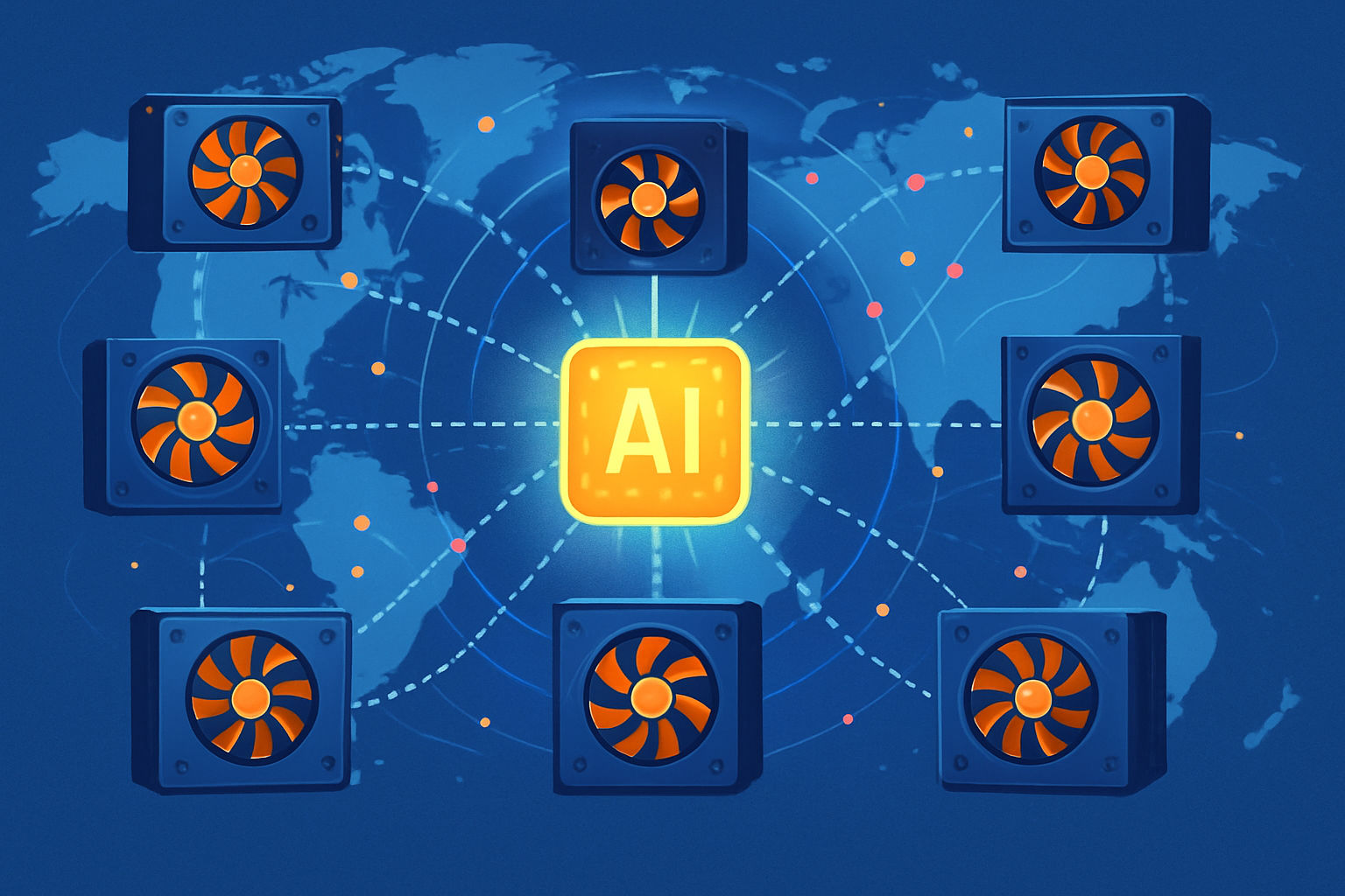 Illustration of decentralized GPUs powering a global AI network with interconnected nodes and blockchain elements