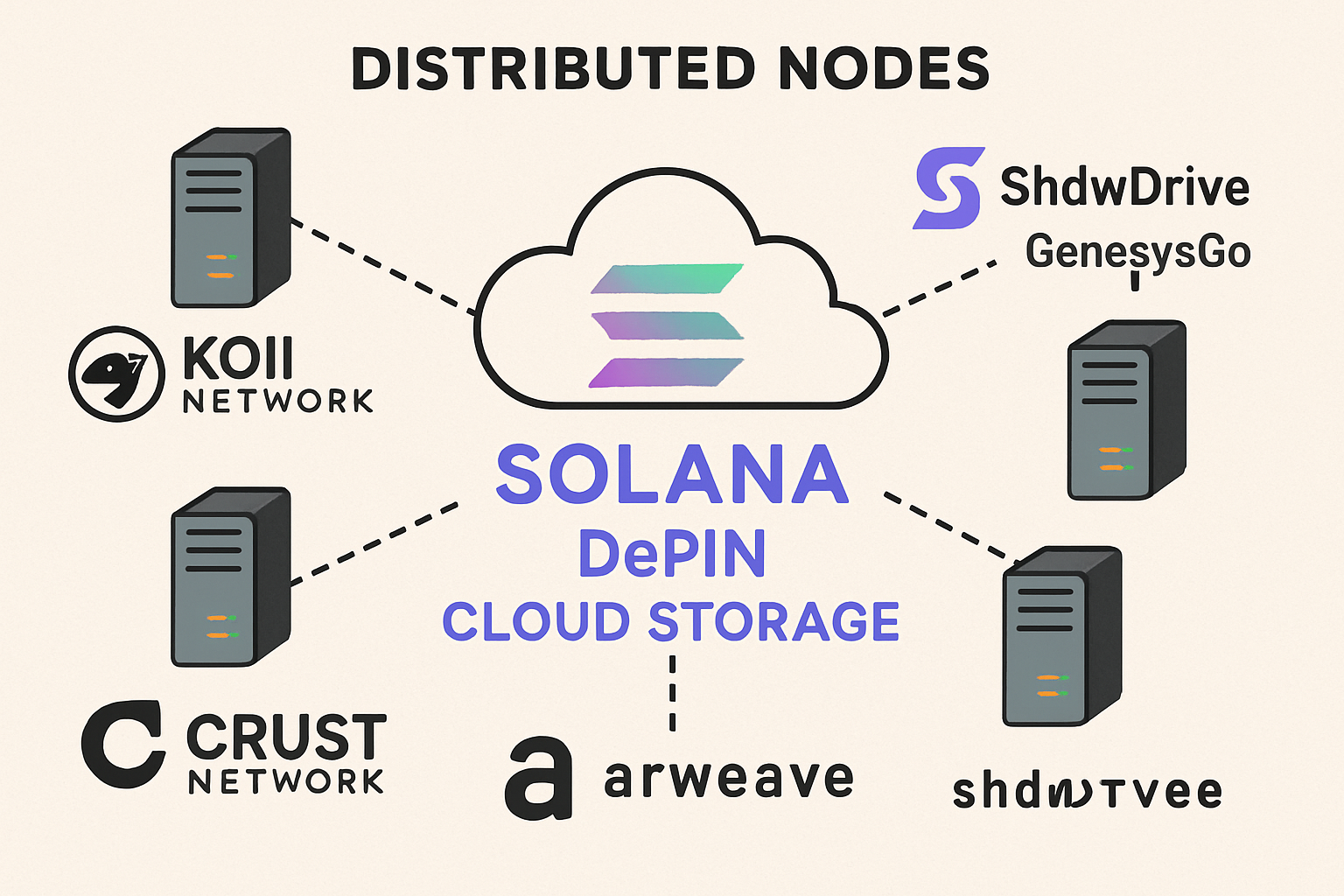 Illustration of distributed nodes powering Solana DePIN cloud storage featuring Koii Network, ShdwDrive (GenesysGo), Crust Network (Solana Integration), and Arweave (Solana Bridge)
