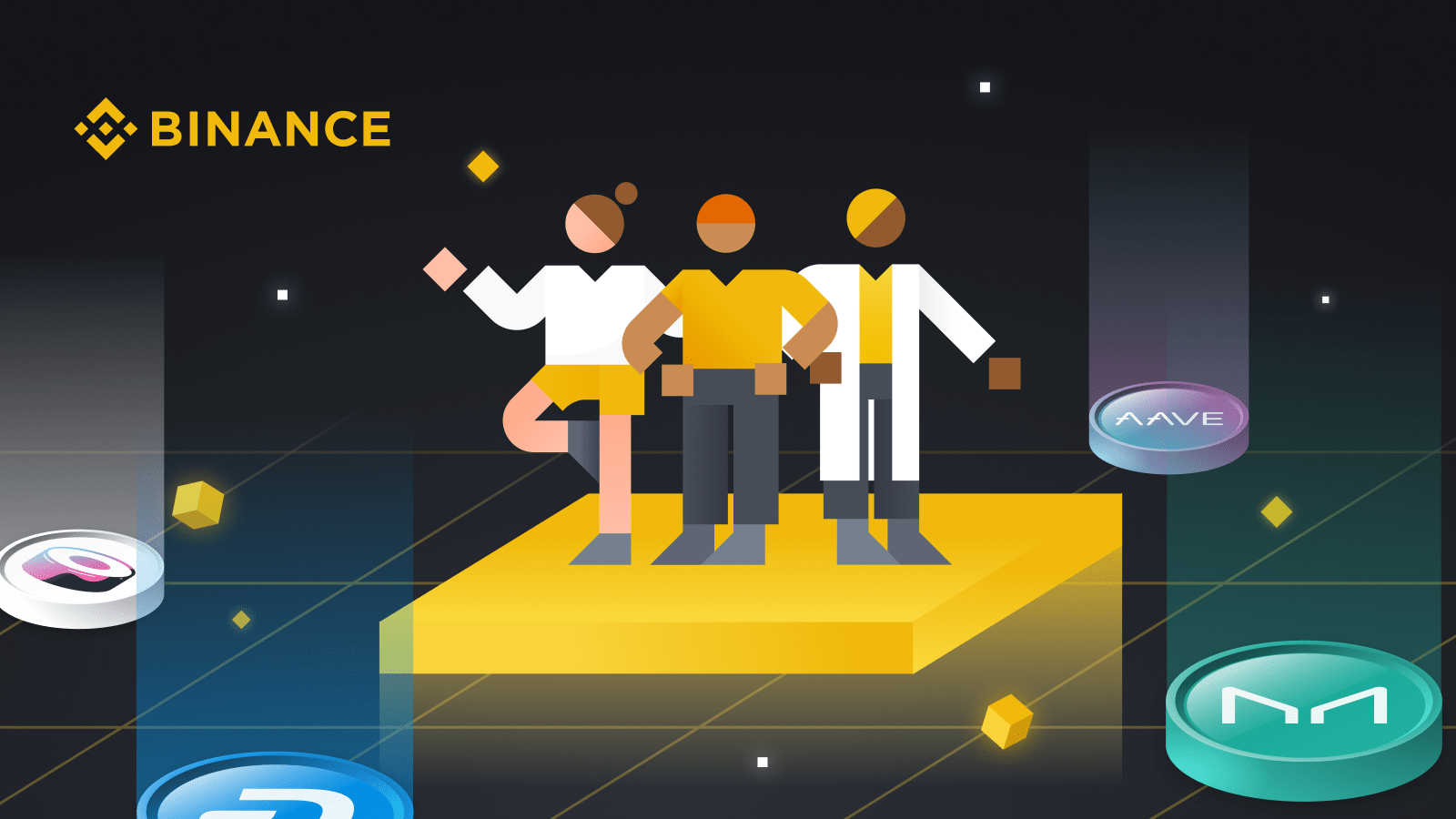 Illustration of diverse DAO members holding NFT badges as voting tokens for decentralized governance