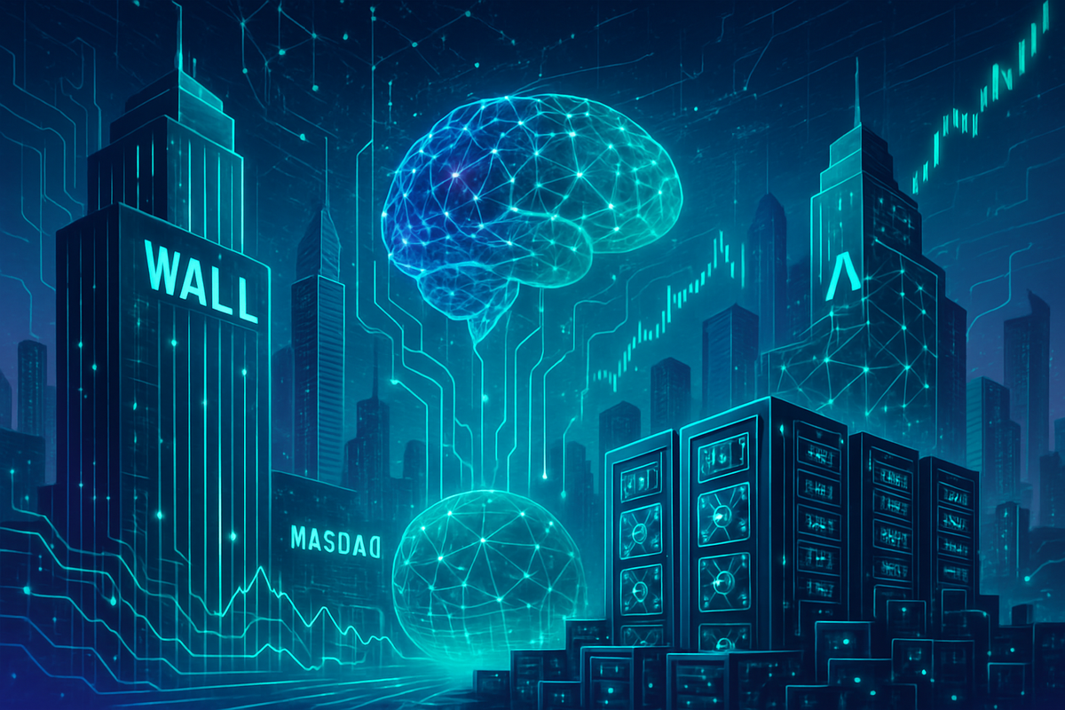 Diverse group of people holding blockchain tokens around a glowing AI brain, representing fractional ownership and decentralized AI networks