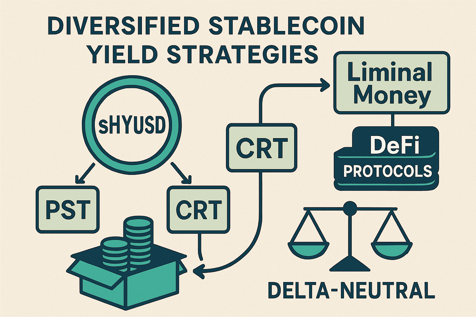 Illustration of diversified stablecoin baskets (sHYUSD, PST, CRT, Liminal Money) earning yield across multiple DeFi protocols with delta-neutral strategies, symbolizing risk-minimized APY in DeFi.