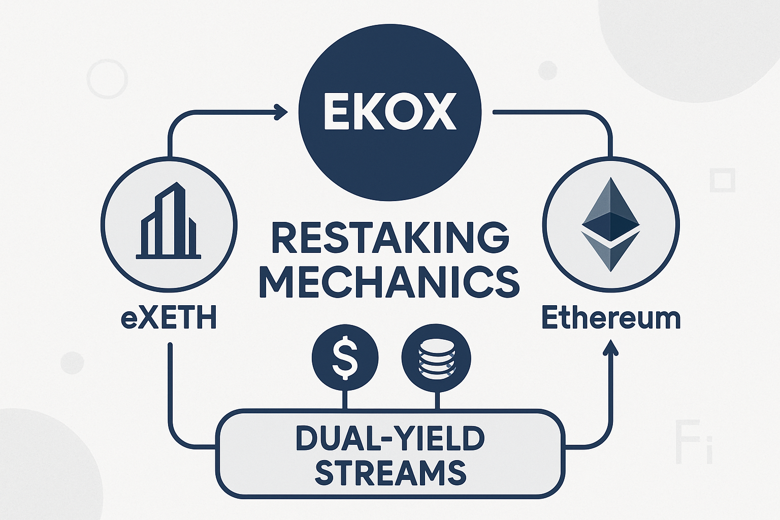 Illustration of EKOX restaking mechanics with dual-yield streams, showing eXETH token flow and rewards in the Ethereum DeFi ecosystem