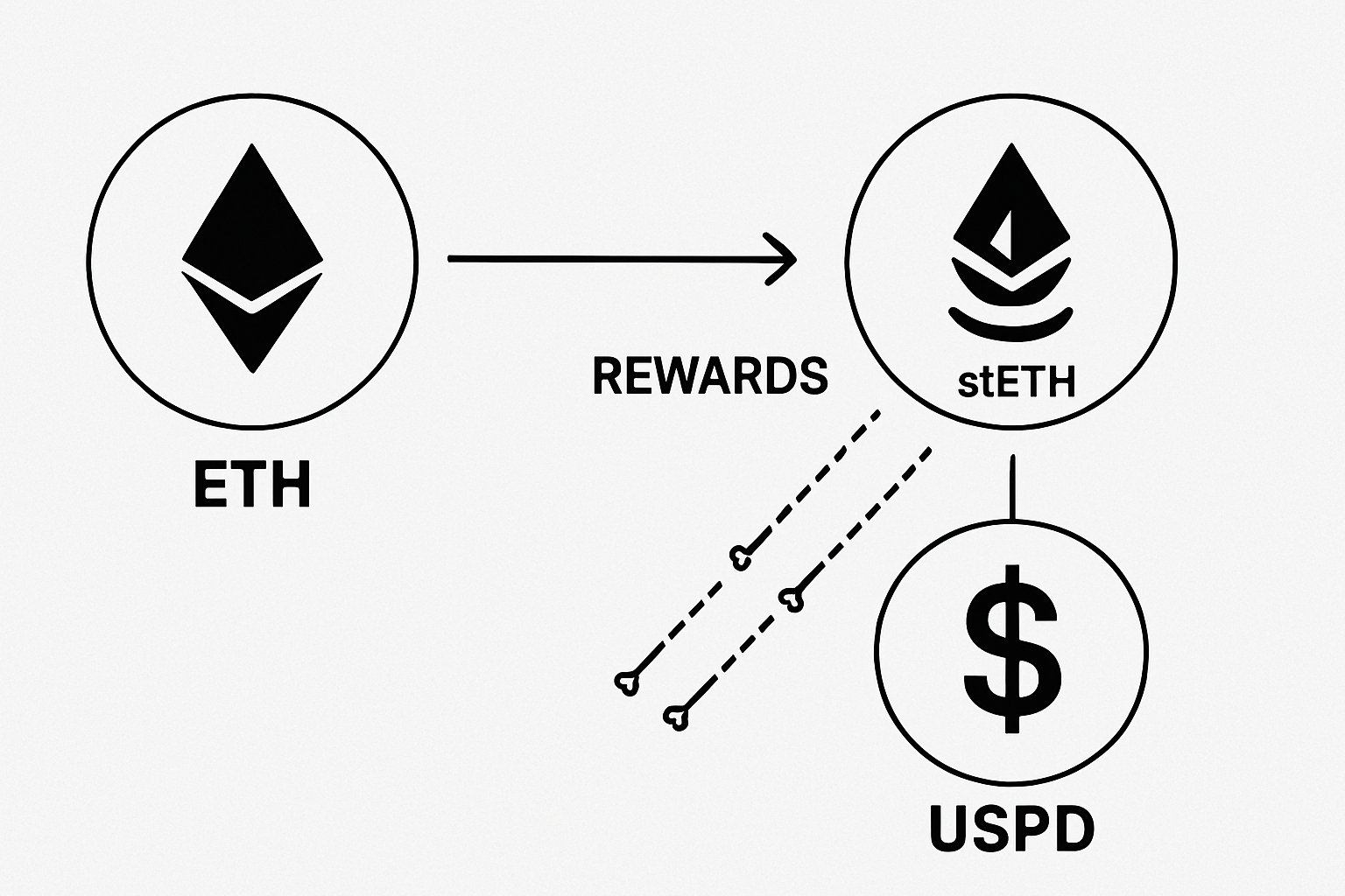 Illustration of Ethereum (ETH) being converted into staked ETH (stETH) and distributed as rewards to USPD stablecoin holders, visualizing on-chain yield flow in DeFi.