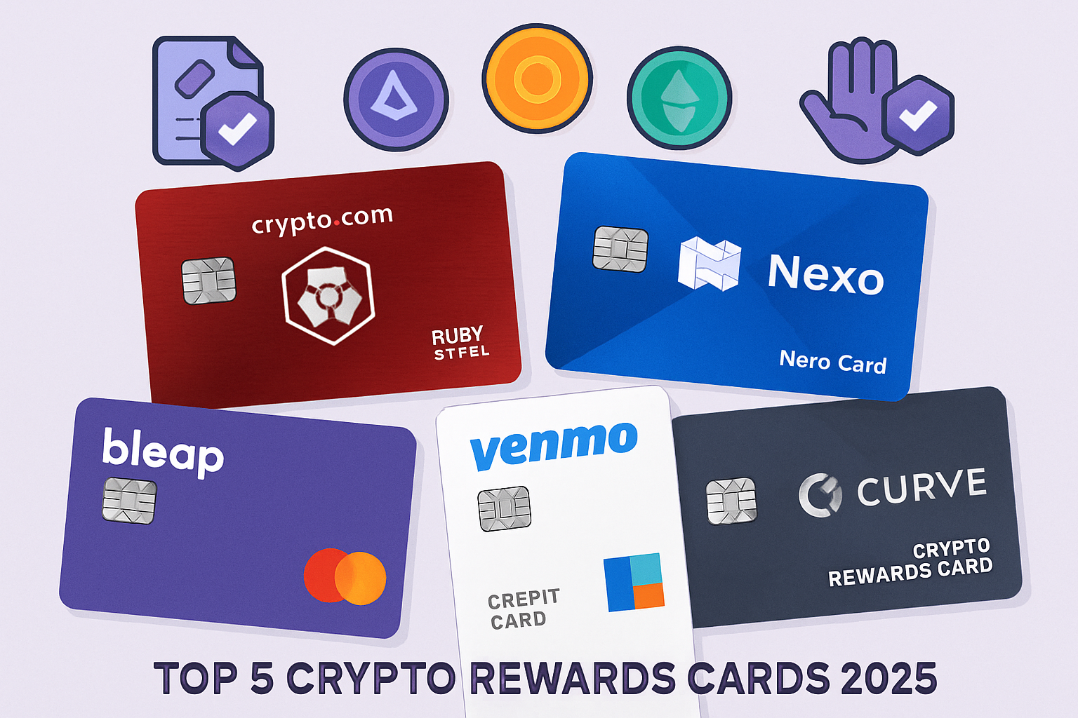 Illustration of the top 5 crypto rewards cards for 2025—Crypto.com Ruby Steel, Nexo Card, Venmo Credit Card, Bleap Mastercard, Curve Crypto Rewards Card—featuring governance tokens and DeFi voting icons.