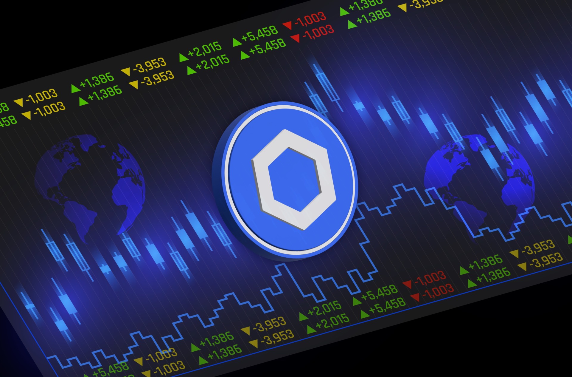 Illustration of Chainlink Data Streams bridging traditional finance and DeFi, featuring interconnected digital networks, blockchain symbols, and financial institutions.