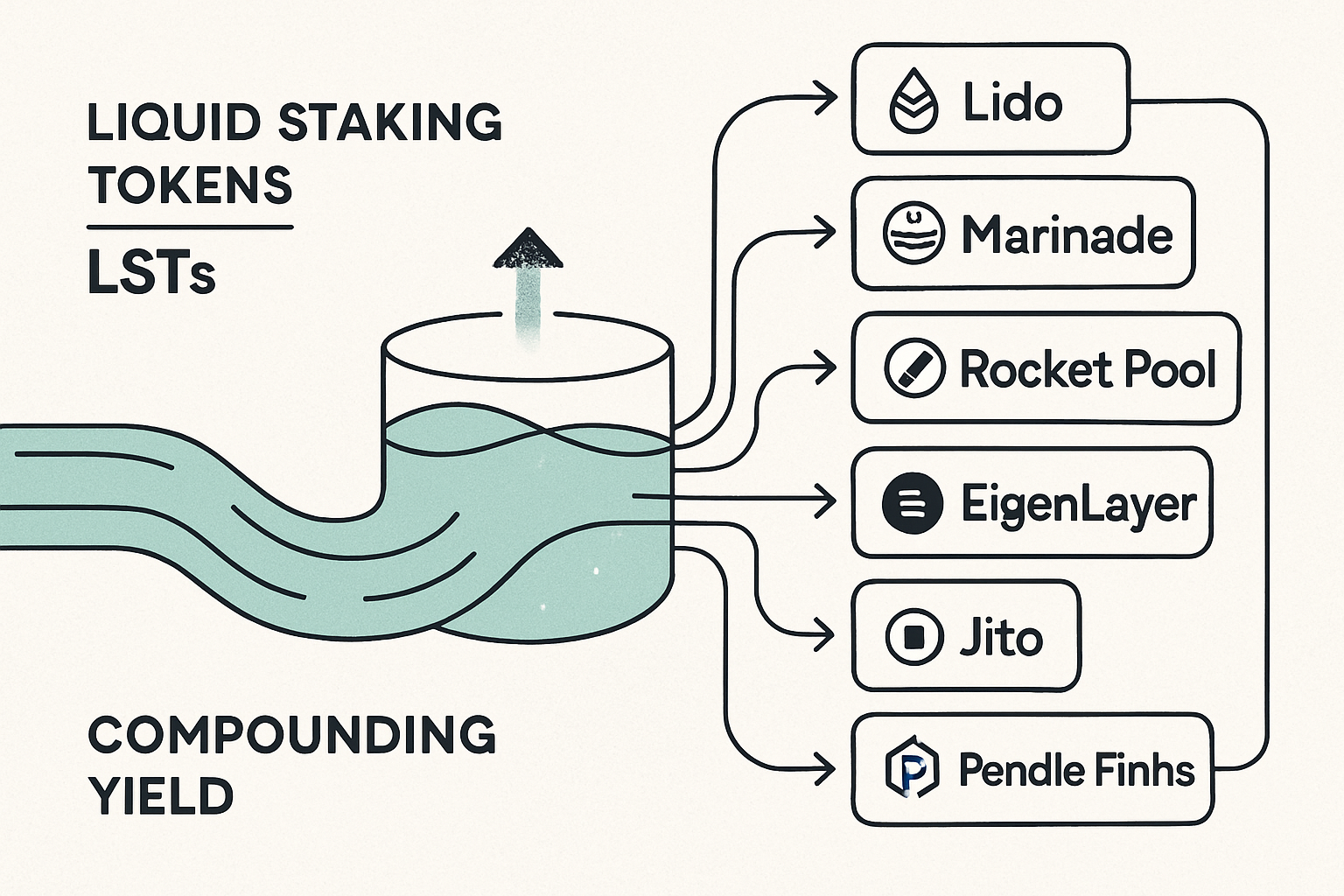Diagram illustrating the flow of liquid staking tokens (LSTs) like stETH, mSOL, rETH, and others through top DeFi protocols (Lido, Marinade, Rocket Pool, EigenLayer, Jito, Stader Labs, Pendle Finance) for compounding crypto yield in 2024.