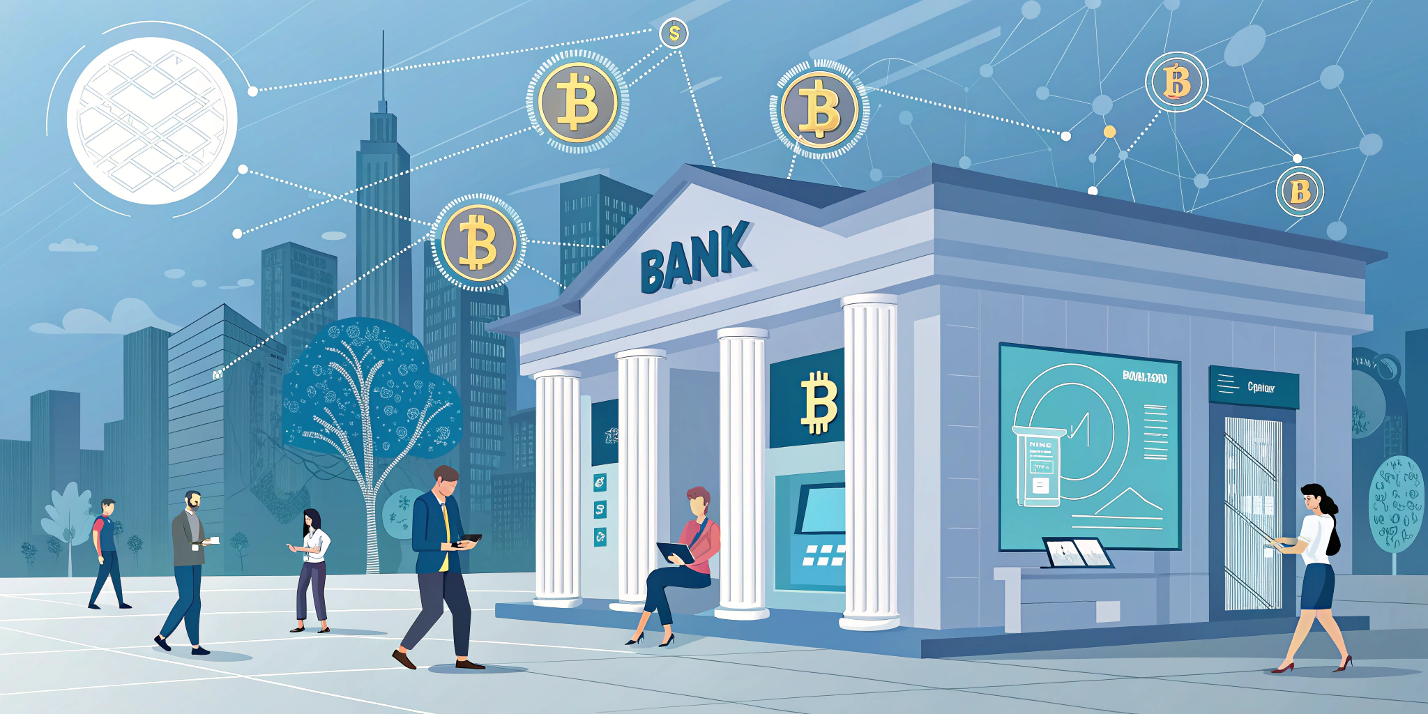 Illustration of LayerBankFi connecting real estate, bonds, and commodities to multiple blockchains, symbolizing on-chain integration of real world assets in crypto banking.