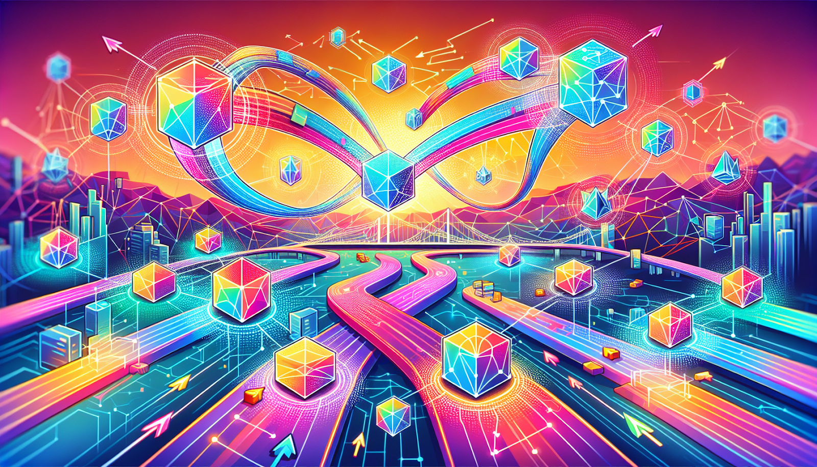 Illustration of interconnected blockchains with digital liquidity streams flowing between them, representing cross-chain interoperability for dApps and app-chains.