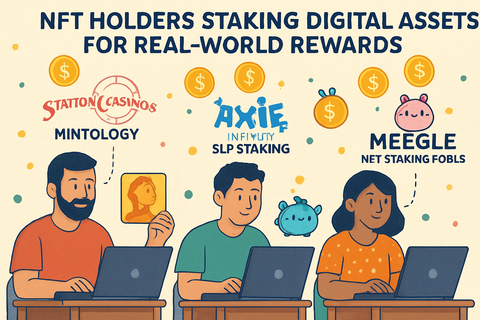 NFT holders staking digital assets for real-world rewards and exclusive experiences, featuring examples like Station Casinos, Axie Infinity, and Meegle NFT staking pools
