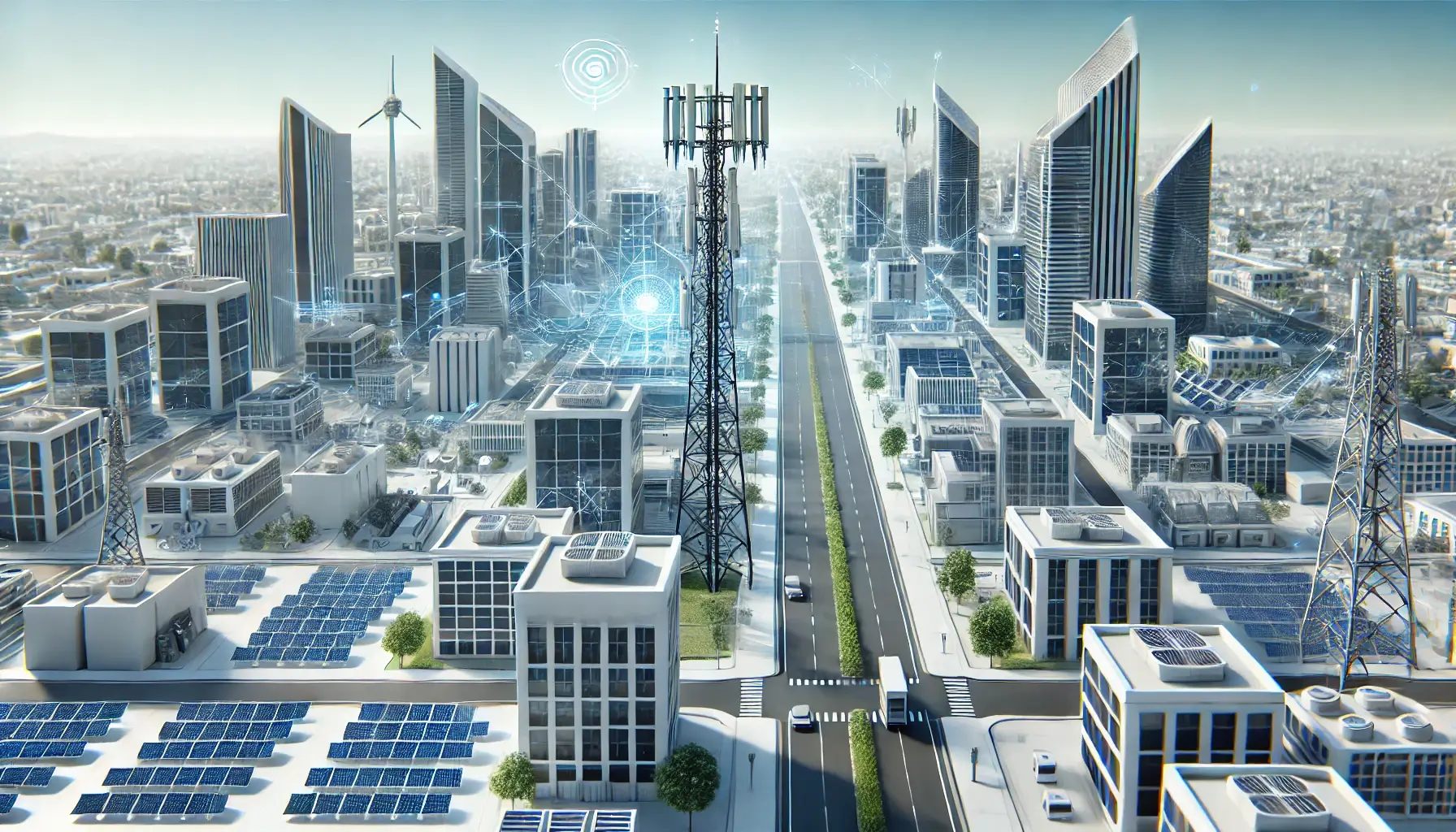 Illustration of NFTs symbolizing 5G small cells connected on a blockchain network map, representing decentralized wireless infrastructure.