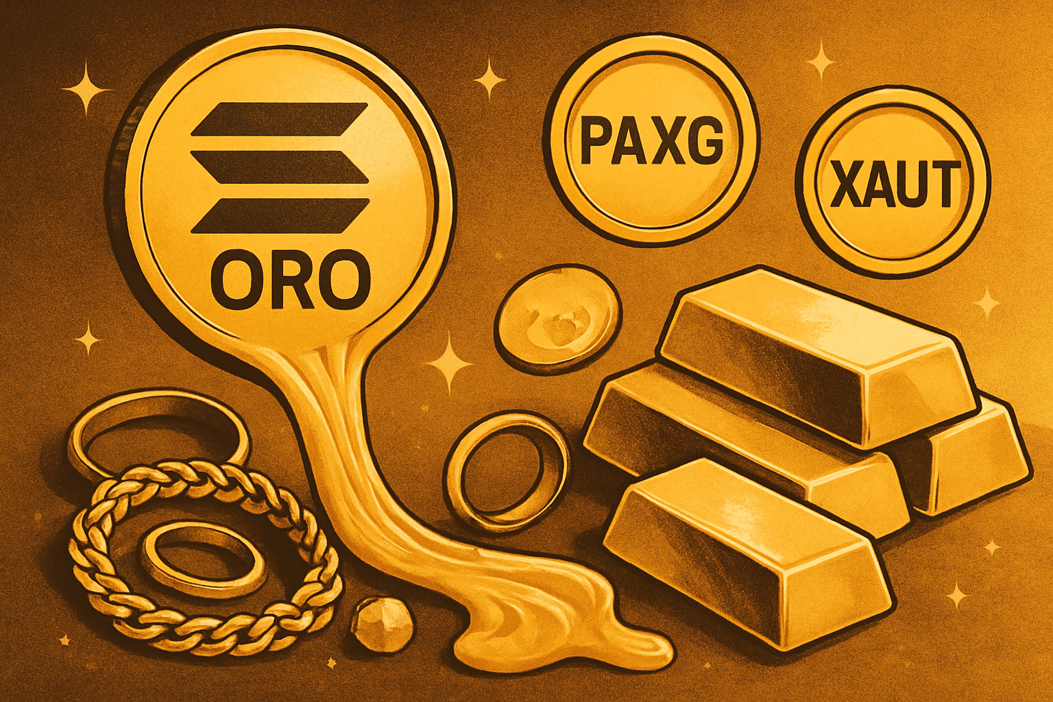 Illustration of ORO, PAXG, and XAUT tokens flowing from the Solana blockchain into physical gold bars and jewelry, representing real-world yield generation from tokenized gold assets.