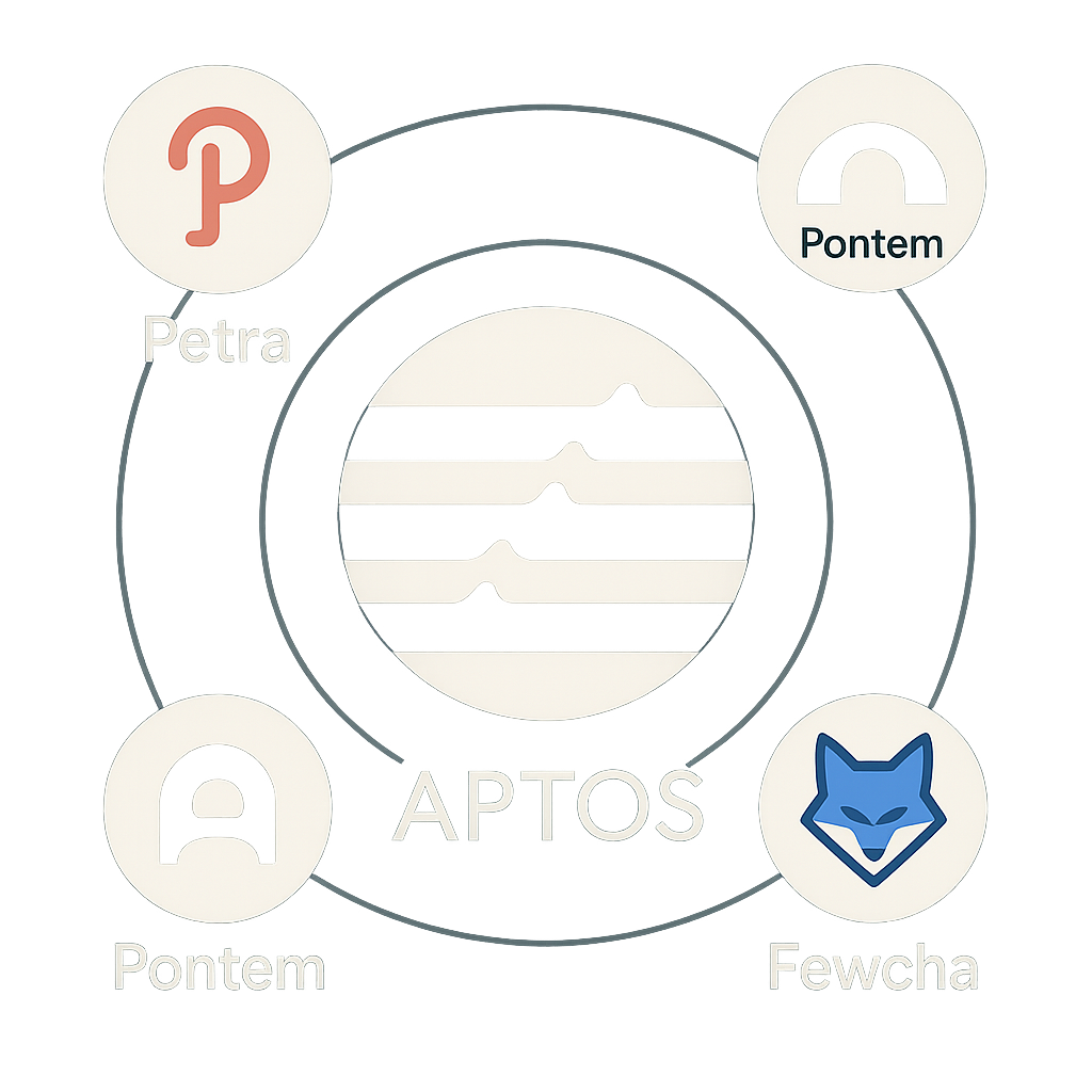 Petra, Martian, Pontem, and Fewcha wallet logos orbiting the Aptos logo illustration for best Aptos wallets in 2024