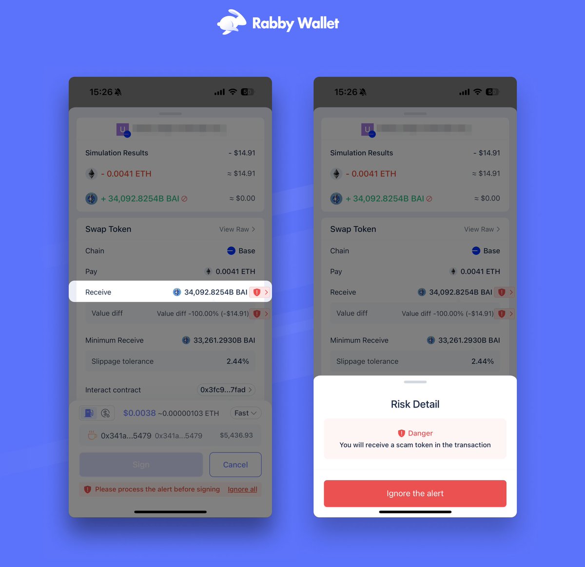 Rabby Wallet simulating a crypto transaction with scam warnings displayed on screen