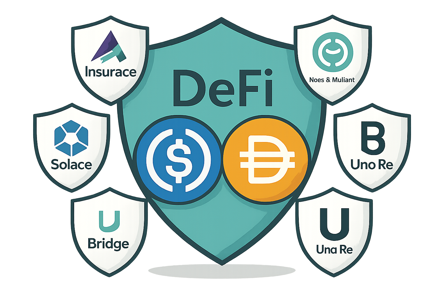Illustration of shield icons protecting stablecoins USDC and DAI, representing top DeFi insurance providers like InsurAce, Nexus Mutual, Bridge Mutual, Uno Re, and Solace offering stablecoin depeg protection in 2024.