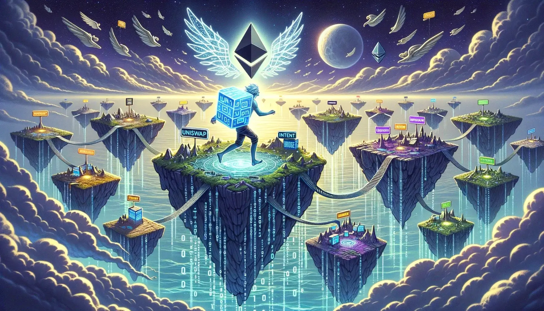 Illustration of solvers competing in an intent-based MEV auction for DeFi transactions, showcasing decentralized finance innovation and real-time order flow optimization.