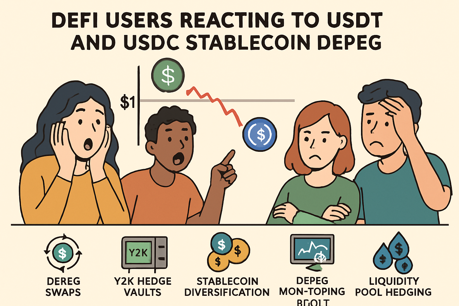 Illustration of DeFi users reacting to USDT and USDC stablecoin pegs diverging from $1, highlighting Depeg Swaps, Y2K Hedge Vaults, stablecoin diversification, real-time depeg monitoring tools, and liquidity pool hedging strategies.