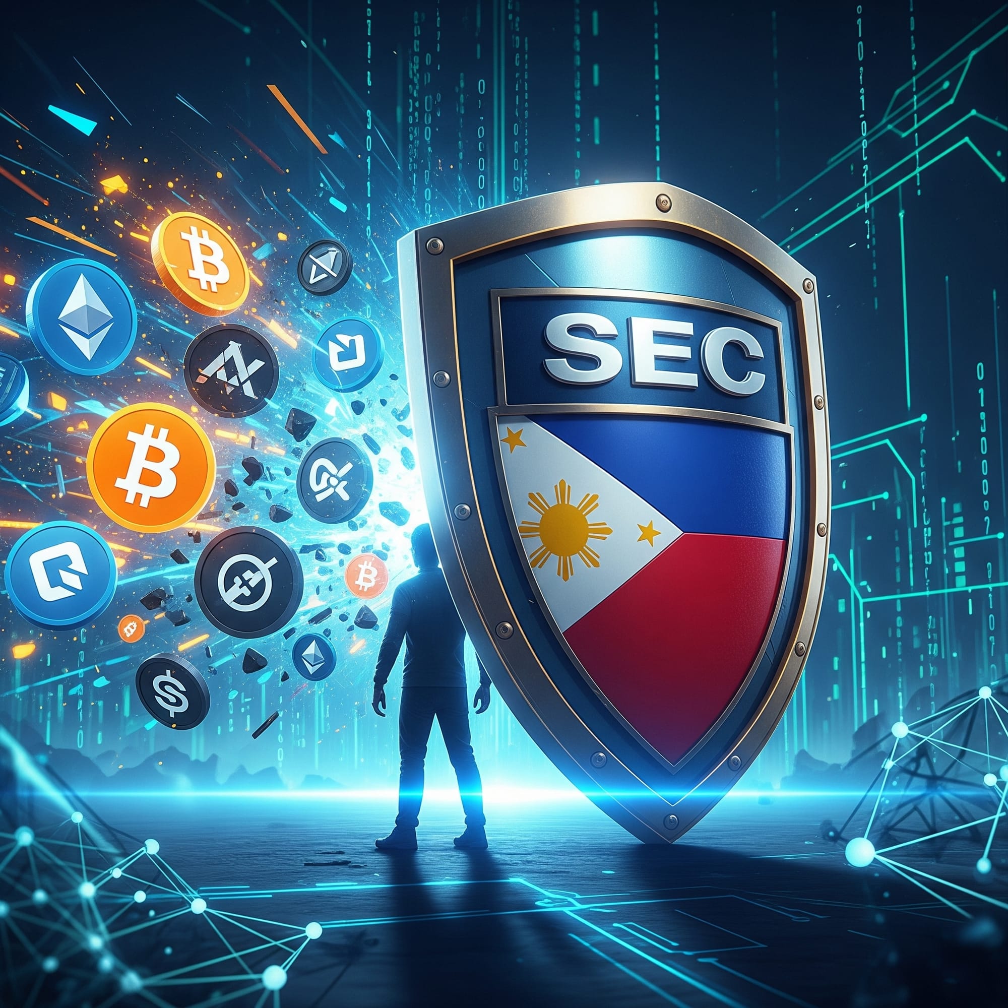 Philippines SEC building with digital assets icons and warning signs illustrating crypto crackdown